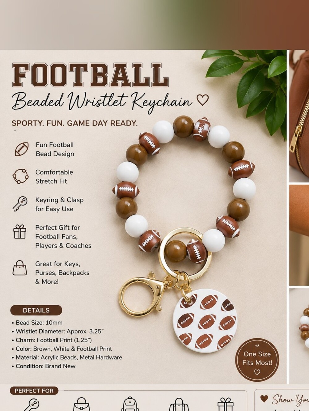 Football Wristlet Keychain - Brown & White Beaded Bracelet Keyring
